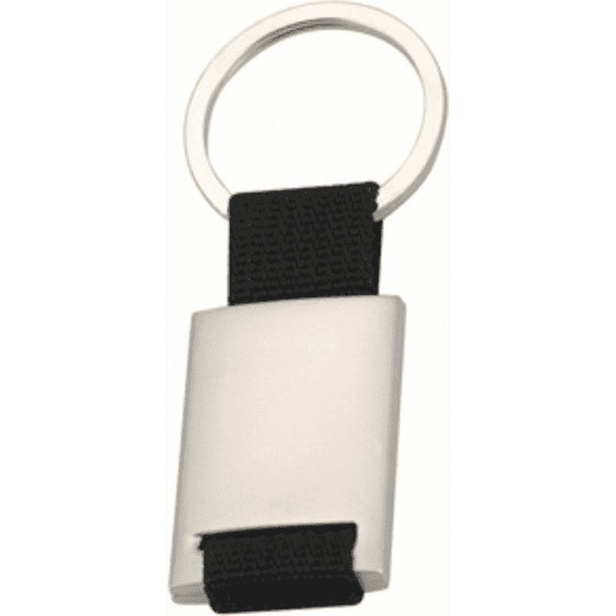 A keyring with a silver metal body and a black fabric strap. It features a circular keyring attachment.