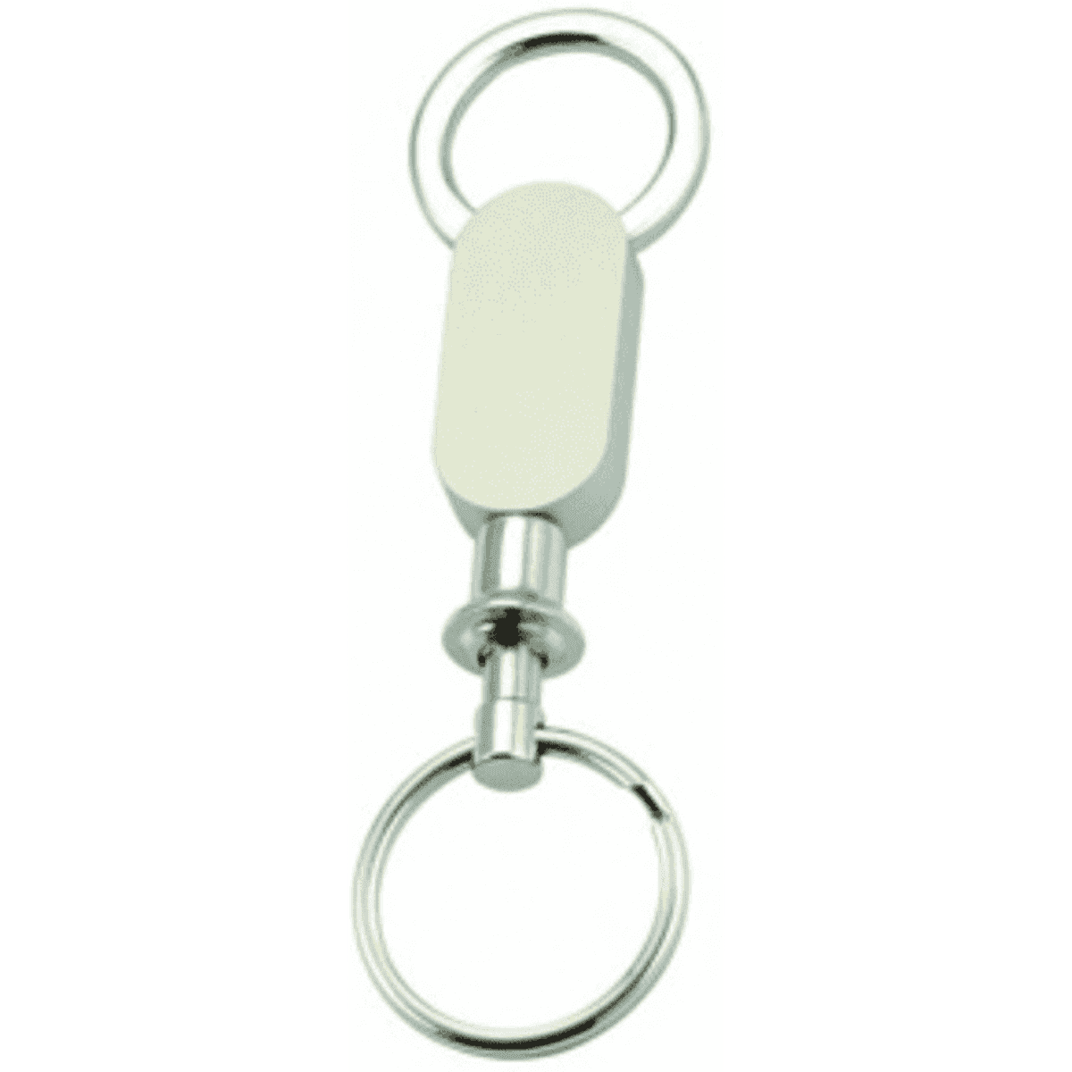 A keyring featuring a silver metal body with dual rings on each end. It has a sleek, minimalist design.