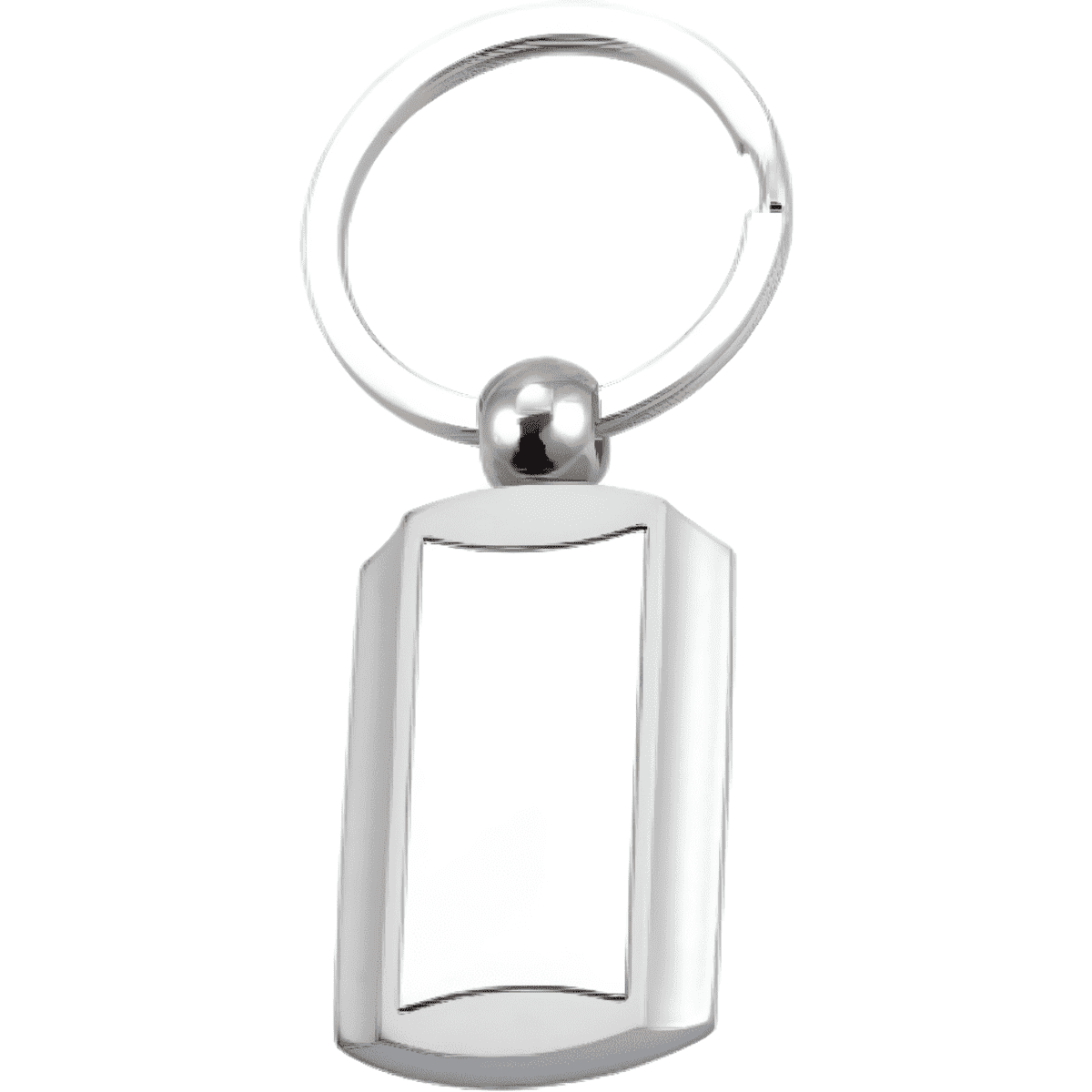 A silver metal keyring with a rectangular tag design. It features a branding logo on the tag.