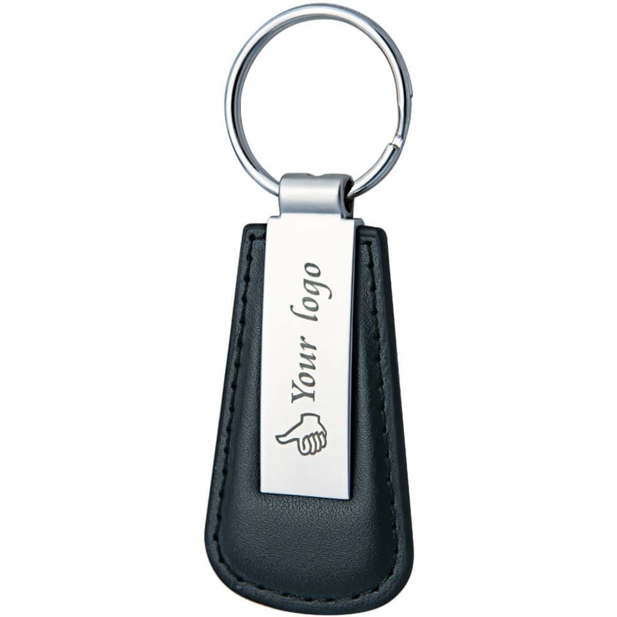 A keyring featuring a black leather holder and a metallic tag, with a logo on the tag.