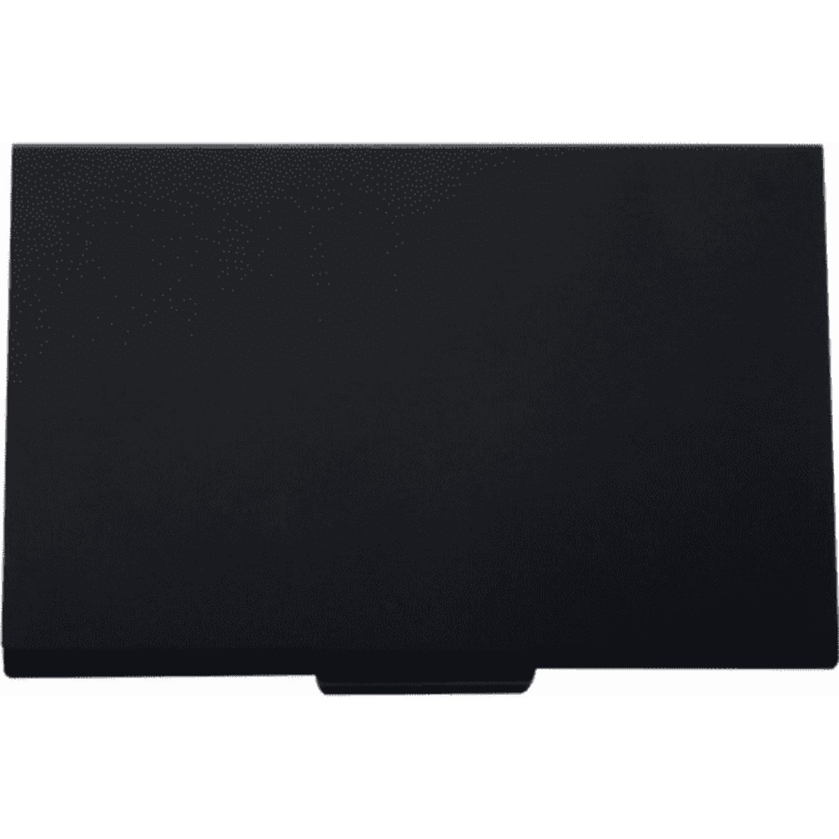 A sleek black cardholder with a textured surface and a sliding opening mechanism. It features a subtle logo.