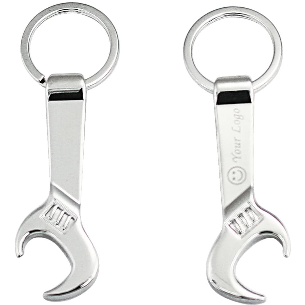 A keychain in the shape of a shiny silver wrench, featuring a circular ring for attachment and a branding area.