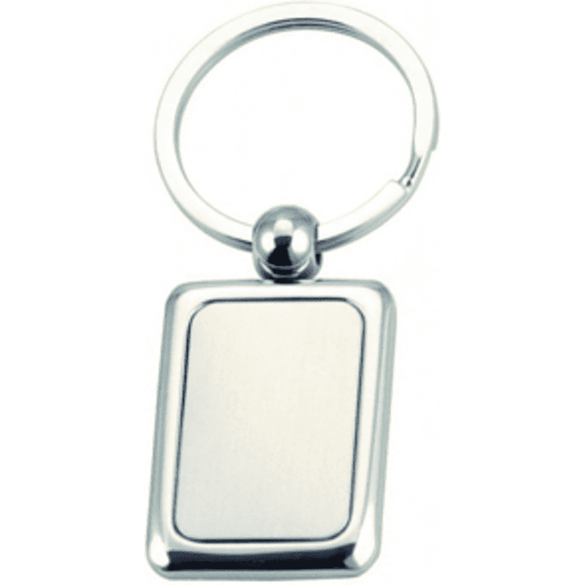A metal keyring with a rectangular pendant, featuring a shiny silver finish. The pendant is blank and has a rounded attachment.