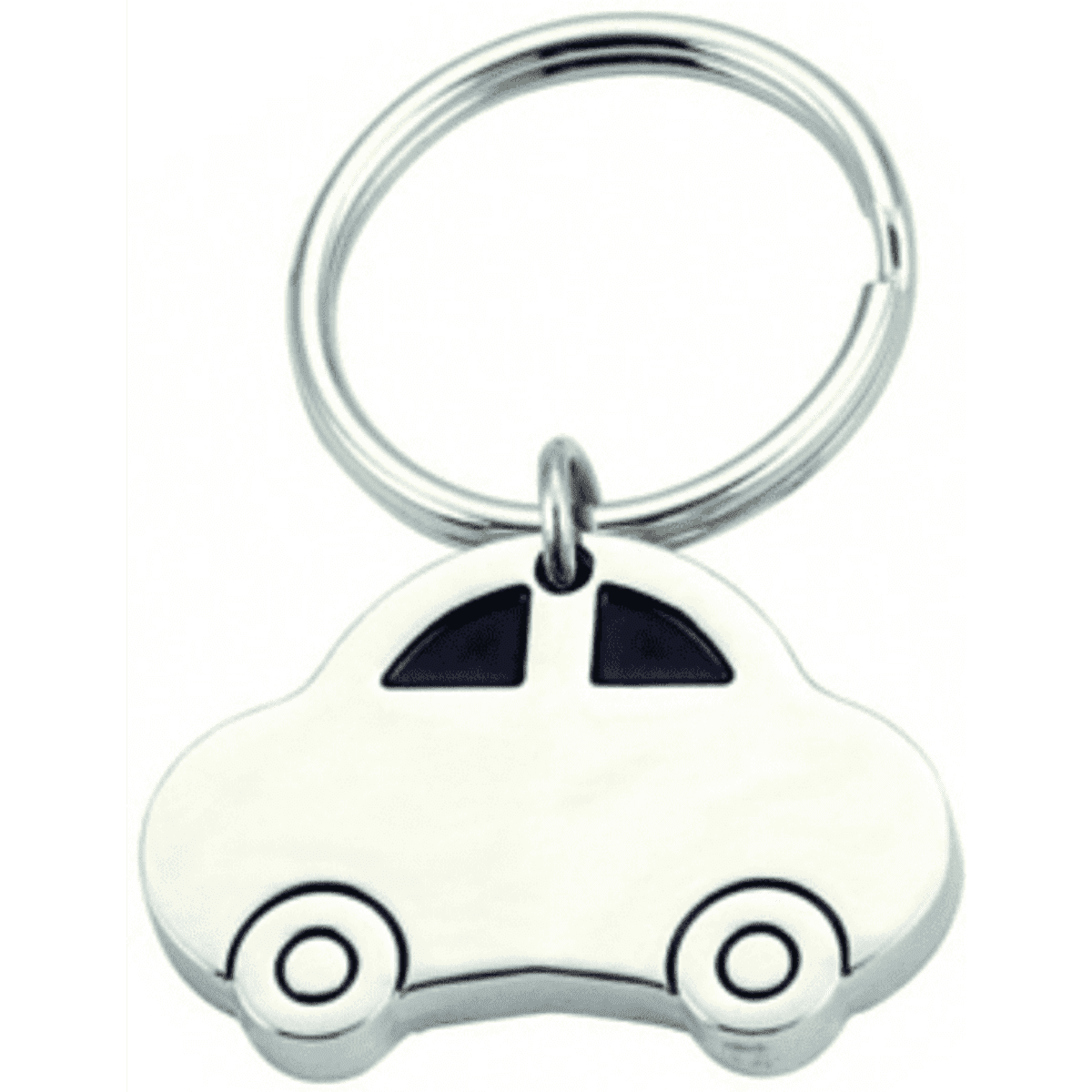 A keyring featuring a silver car design with black details. The keyring includes a metal loop for attachment.
