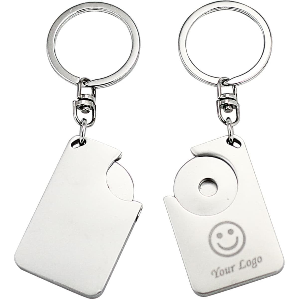 A keyring featuring two metal tags, one shaped like a card and the other with a circular cutout. It has a logo.
