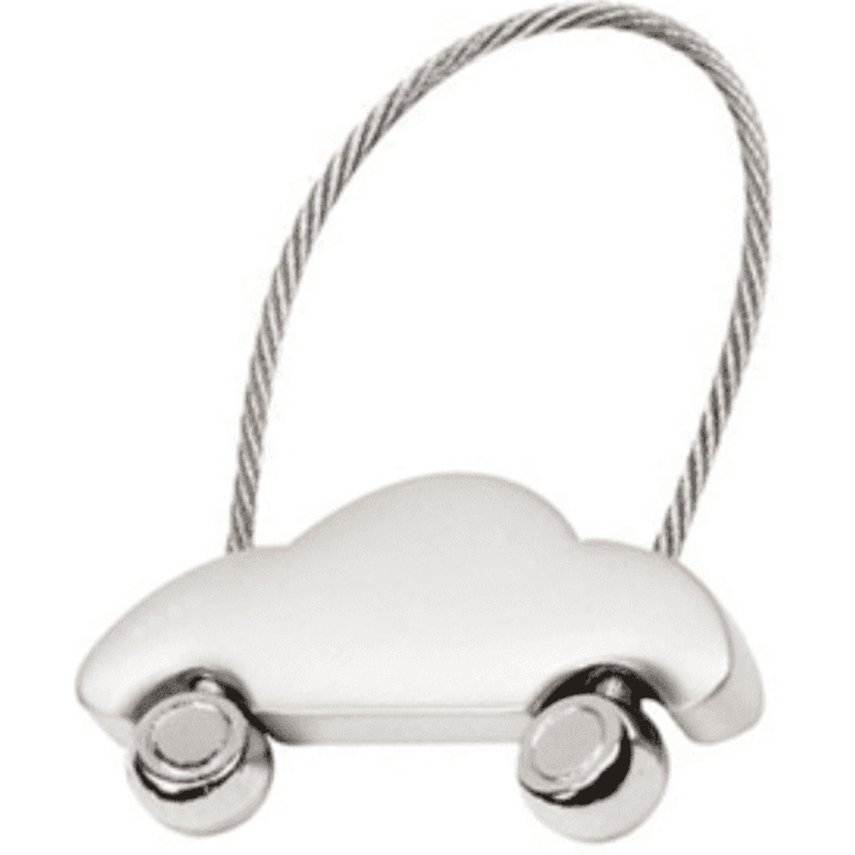 A silver car-shaped bottle opener with a wire handle, featuring round wheels at the base.