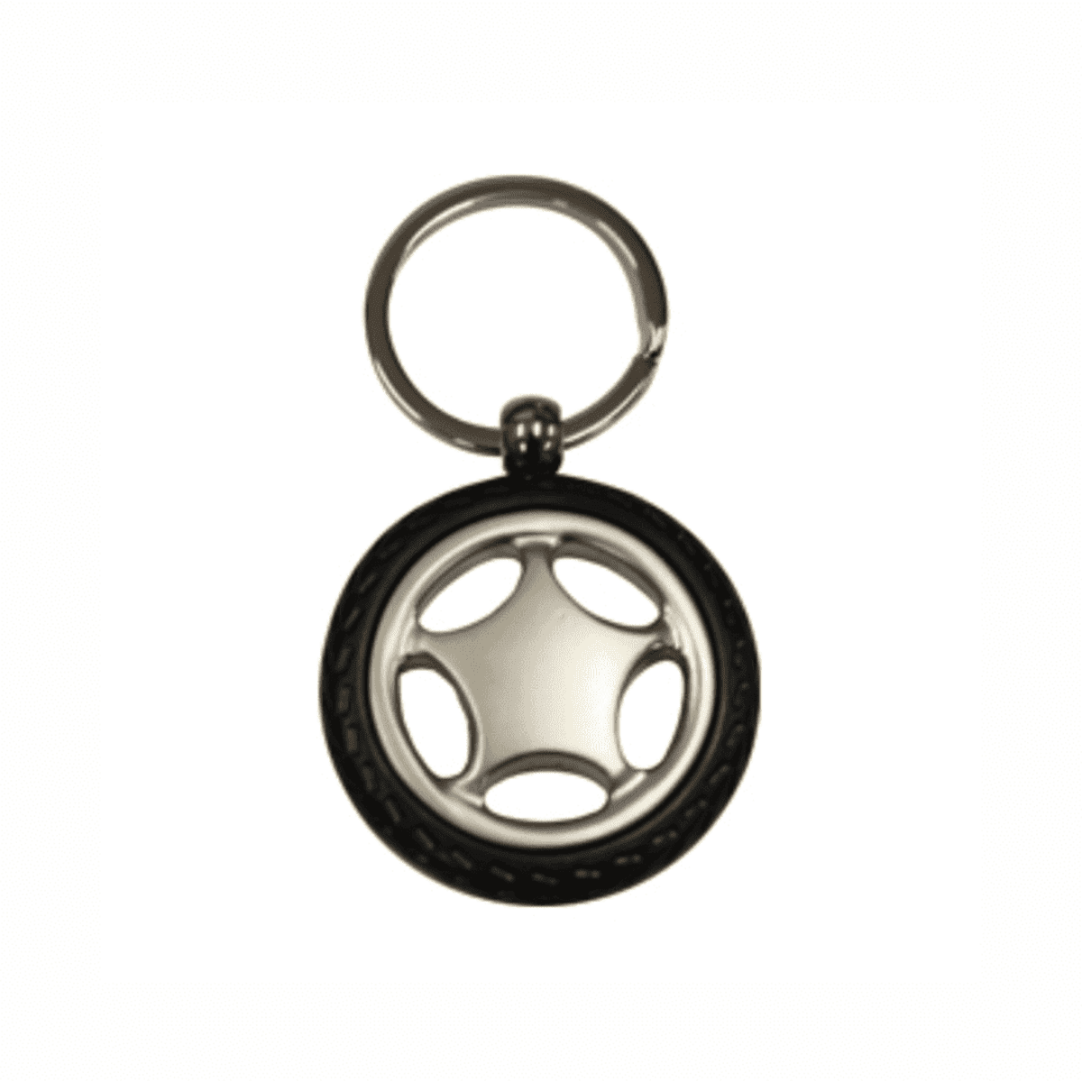 A keychain shaped like a steering wheel, featuring a silver centre and black tyre-like outer ring.