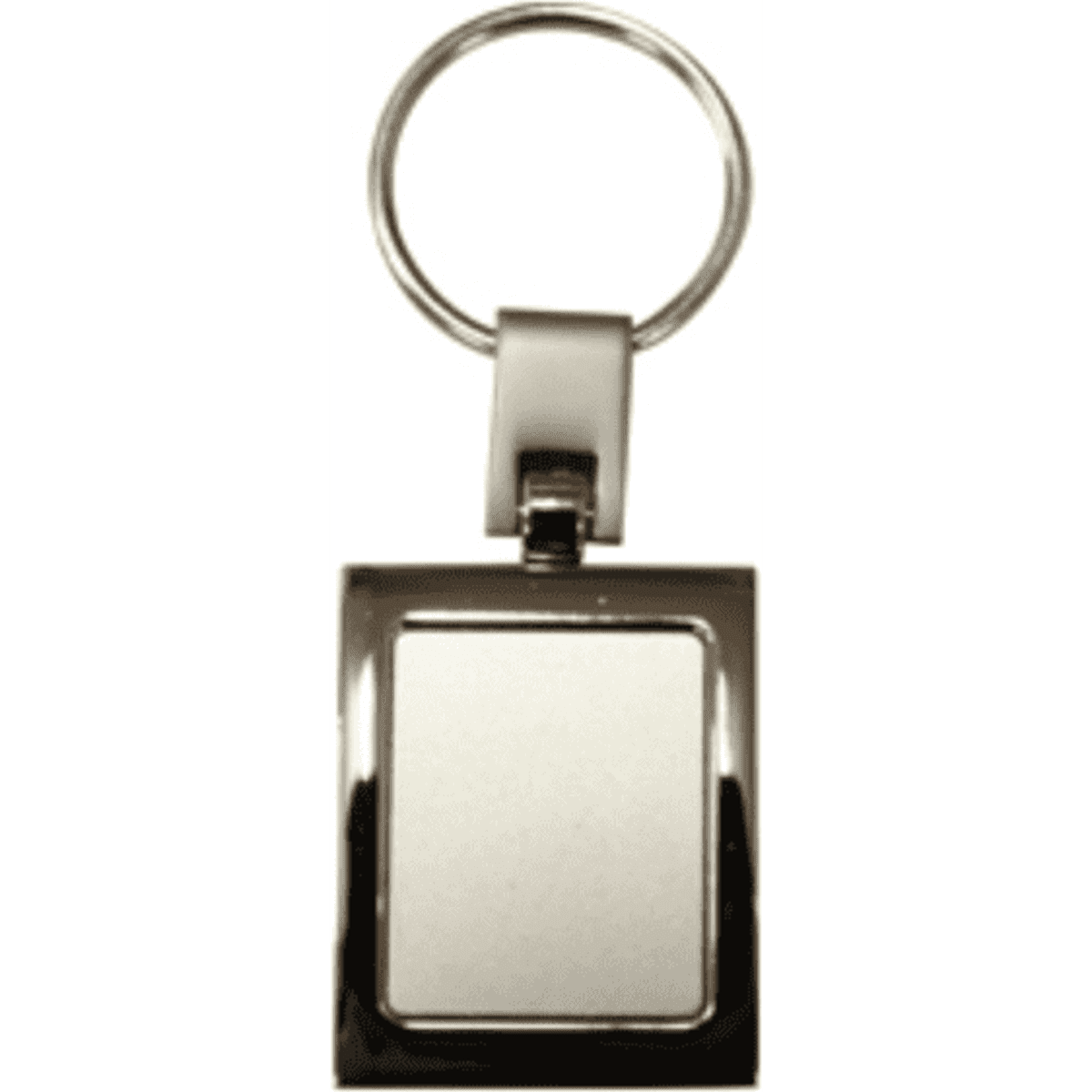 A keyring with a rectangular metal tag, featuring a shiny silver finish and a circular attachment.