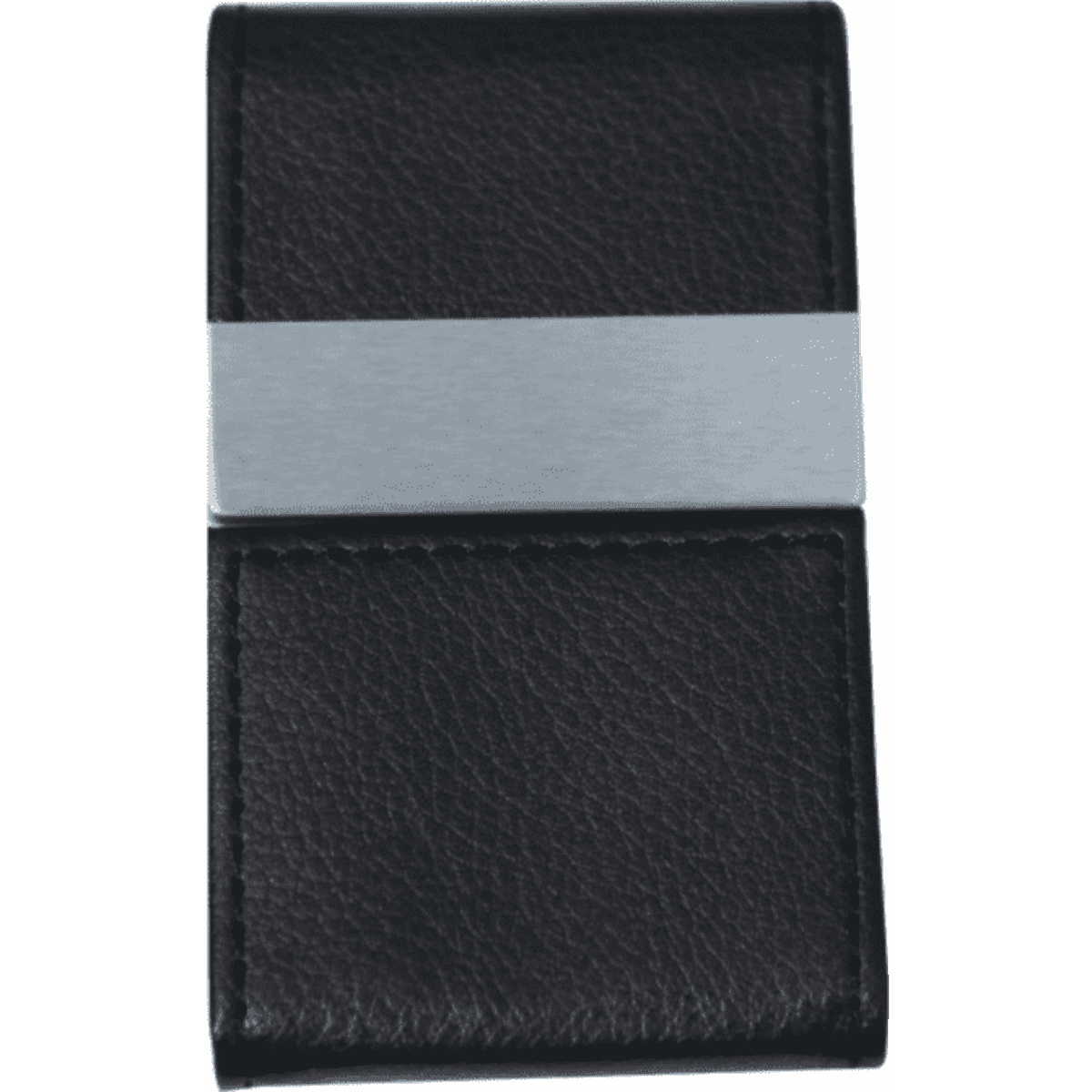 A black leather wallet with a silver metal band across the front. It features a simple and elegant design.
