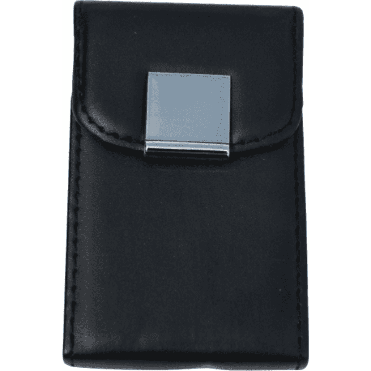 A black leather cardholder featuring a silver clasp on the front. It has a sleek design with stitching details.