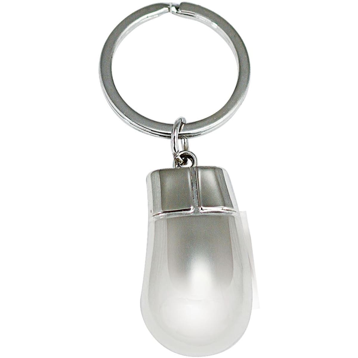 A keyring featuring a metallic silver capsule design with a smooth, reflective white body.