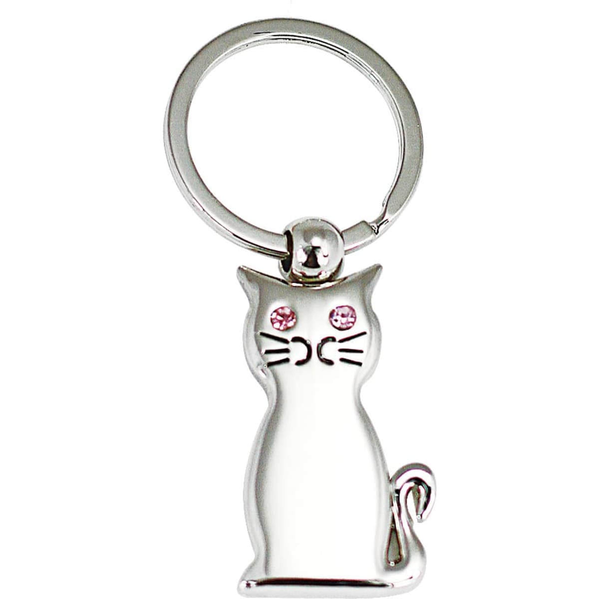 A silver keyring featuring a stylised cat design with pink accents on its eyes.