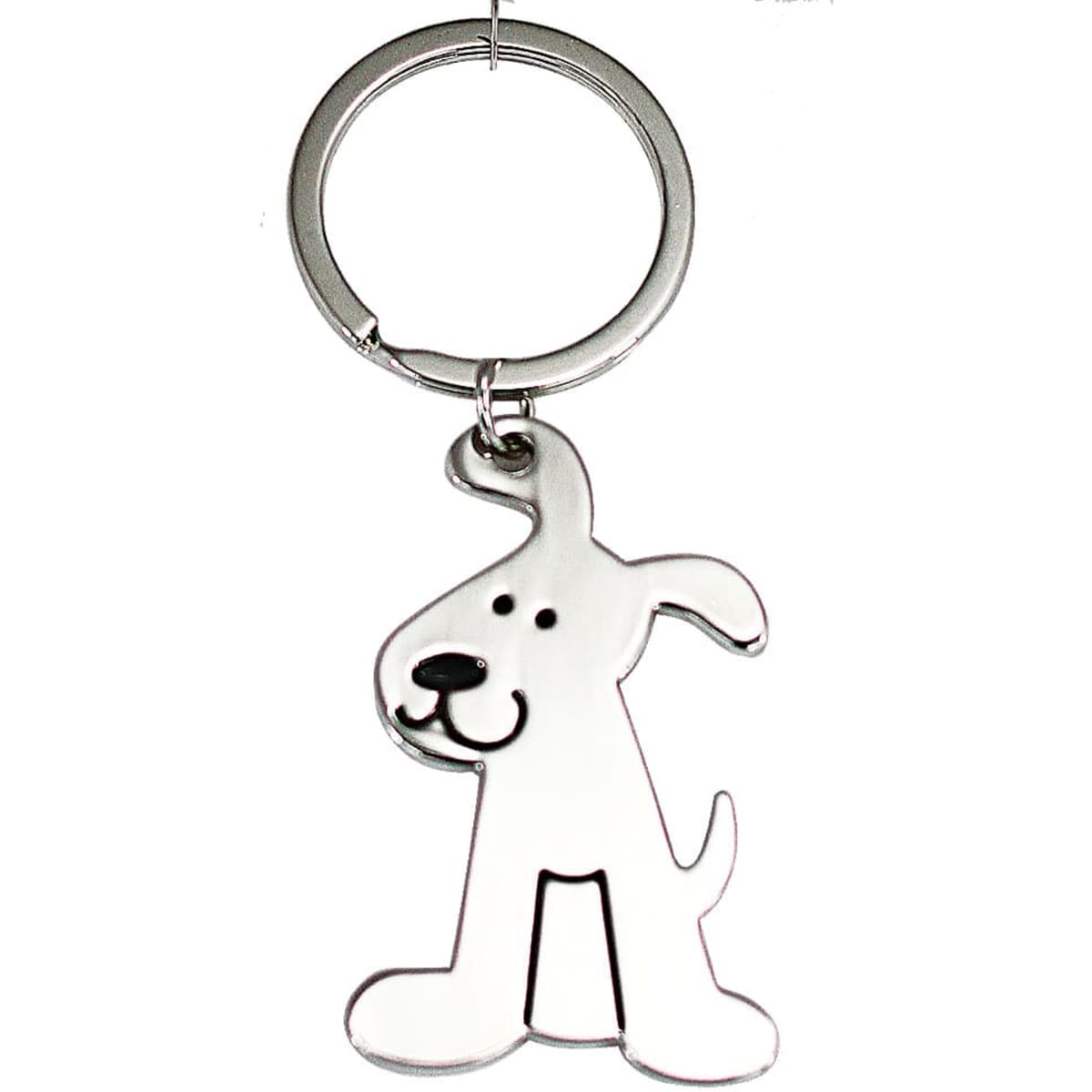 A keychain featuring a silver, cartoon-style dog design with a smiling expression and protruding ears.
