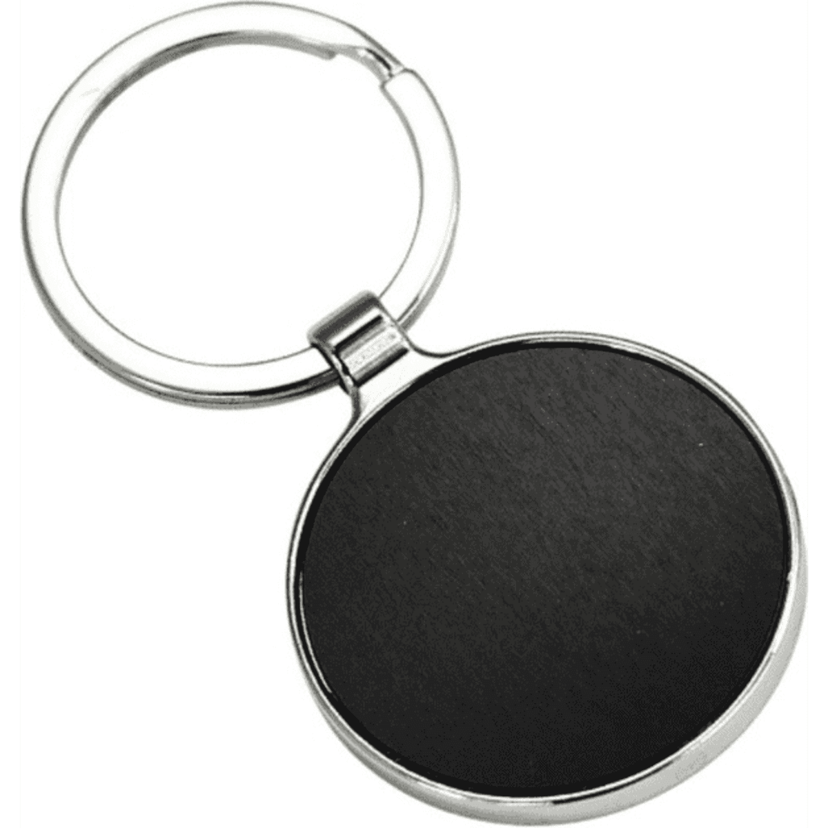 A round keychain with a silver ring and a black, smooth surface. No visible branding is present.