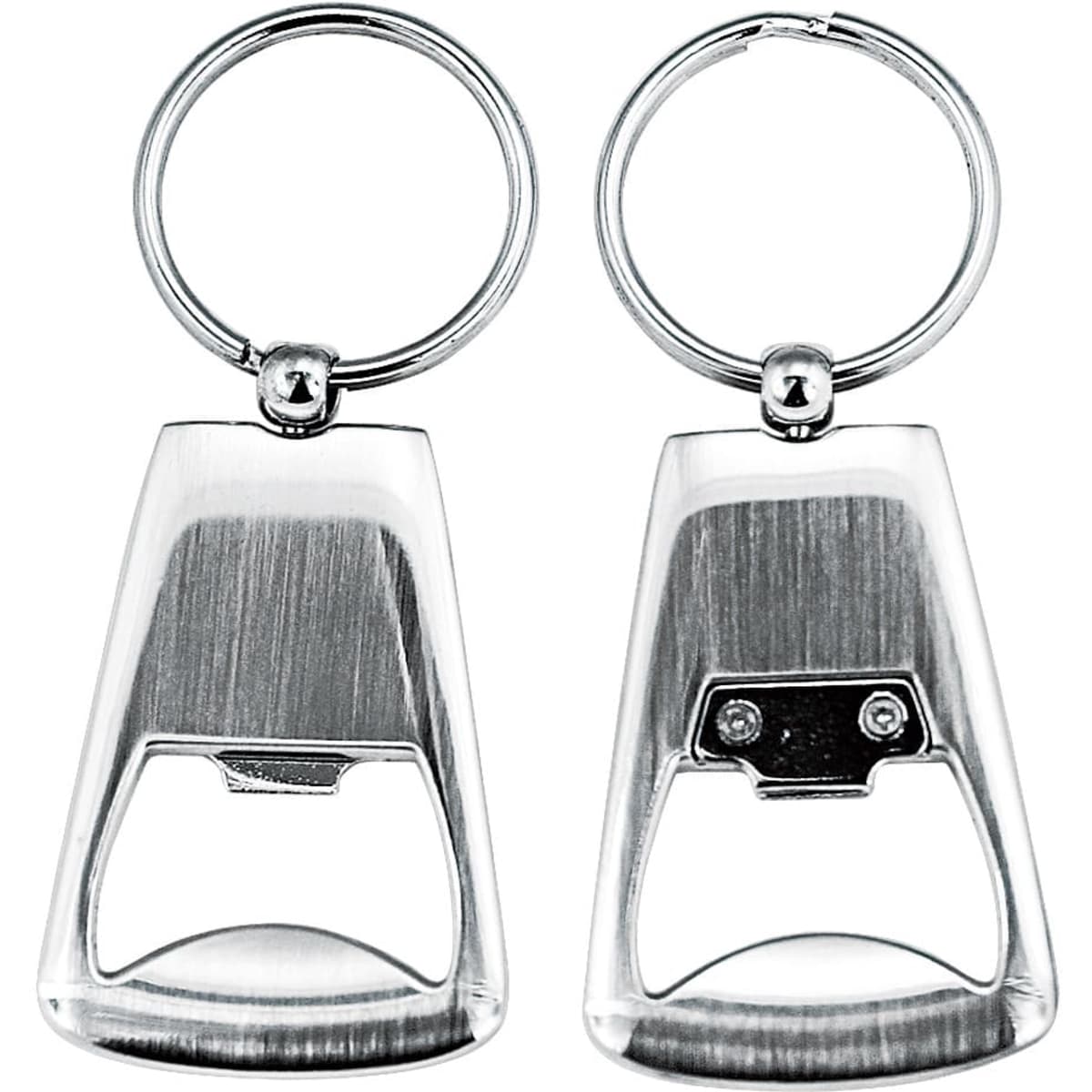 A keyring bottle opener in a sleek silver metallic finish with a simple design.