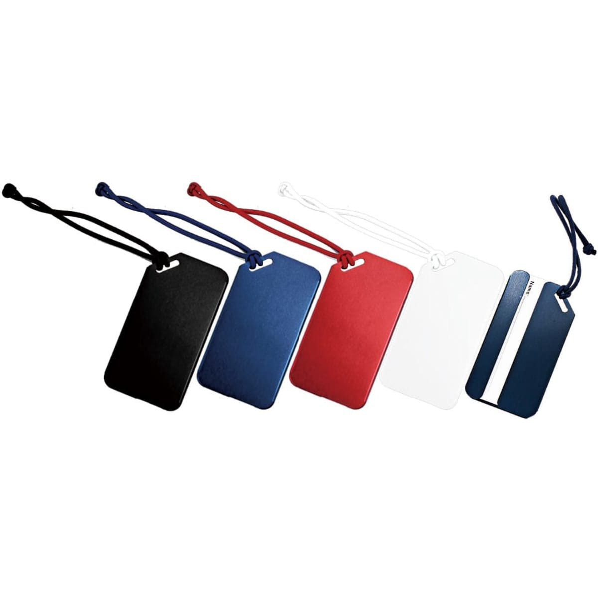 A set of luggage tags in black, red, blue, and white, with various attachments and a logo on some tags.