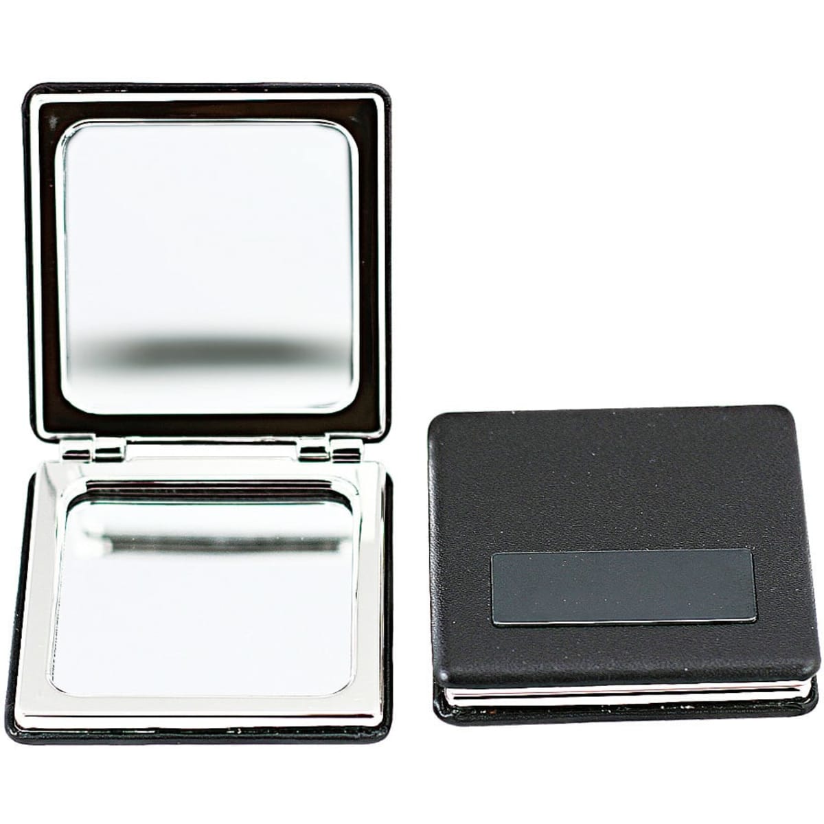 A compact mirror with a shiny interior and a black exterior. Features a logo on the front.