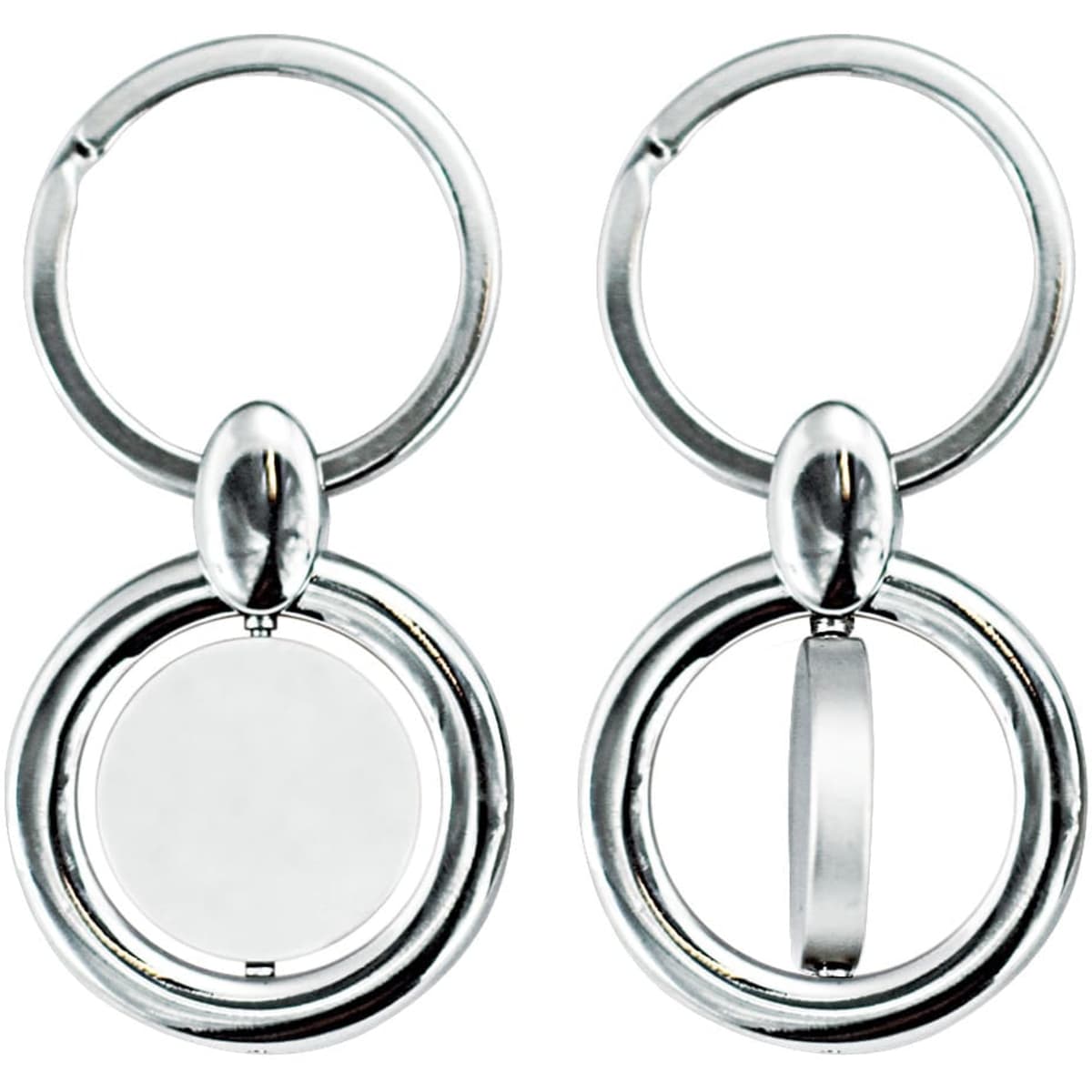 A keyring featuring a sleek, silver design with two interlocking circular rings and a central, flat section.