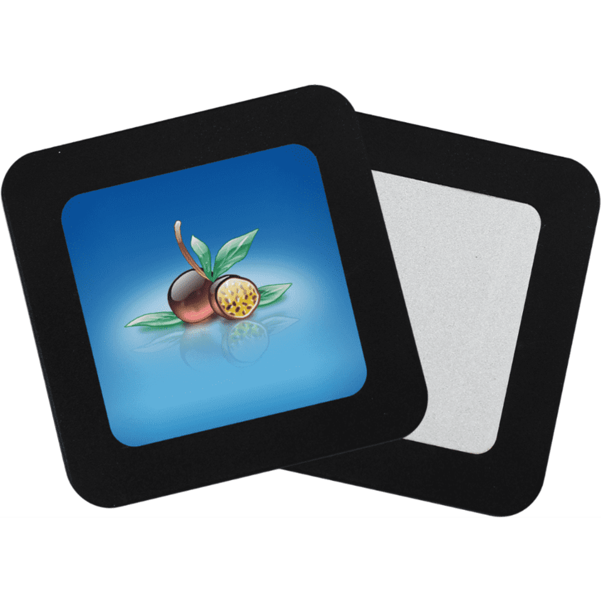 A square drink coaster featuring an illustration of a nut with green leaves, set against a gradient blue background.