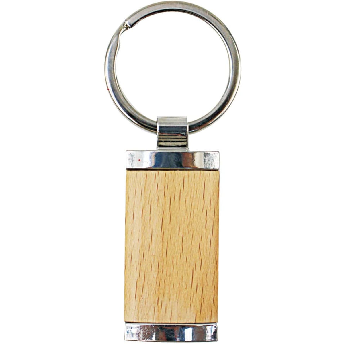 A keyring featuring a wooden rectangular body with shiny silver accents and a metal ring for attachment.