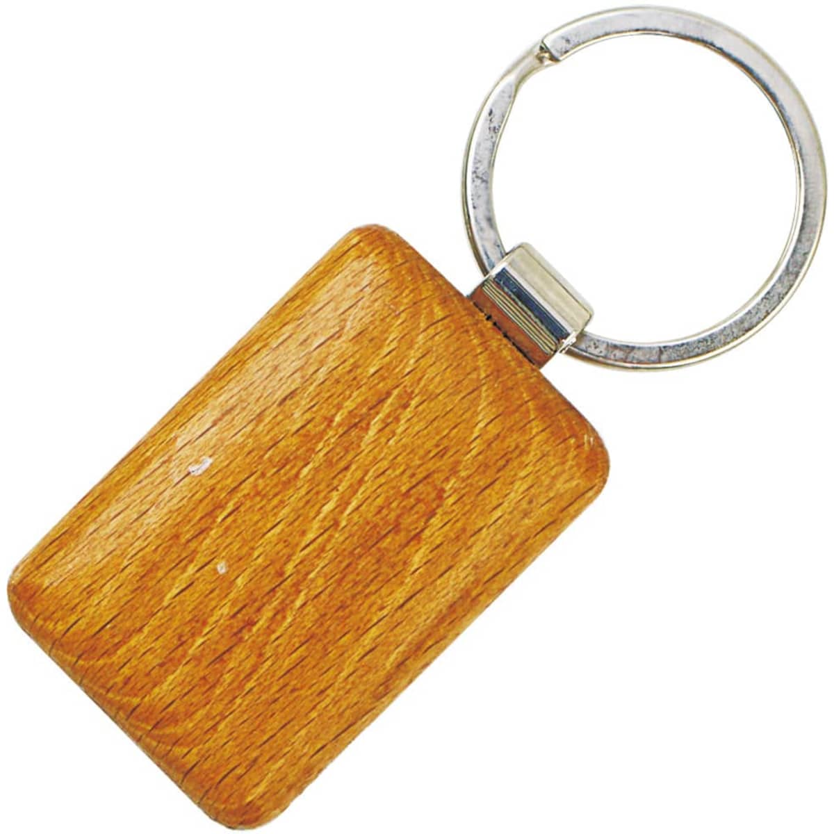 A wooden keyring with a smooth rectangular surface and a metal ring. The keyring has a warm, light brown colour.
