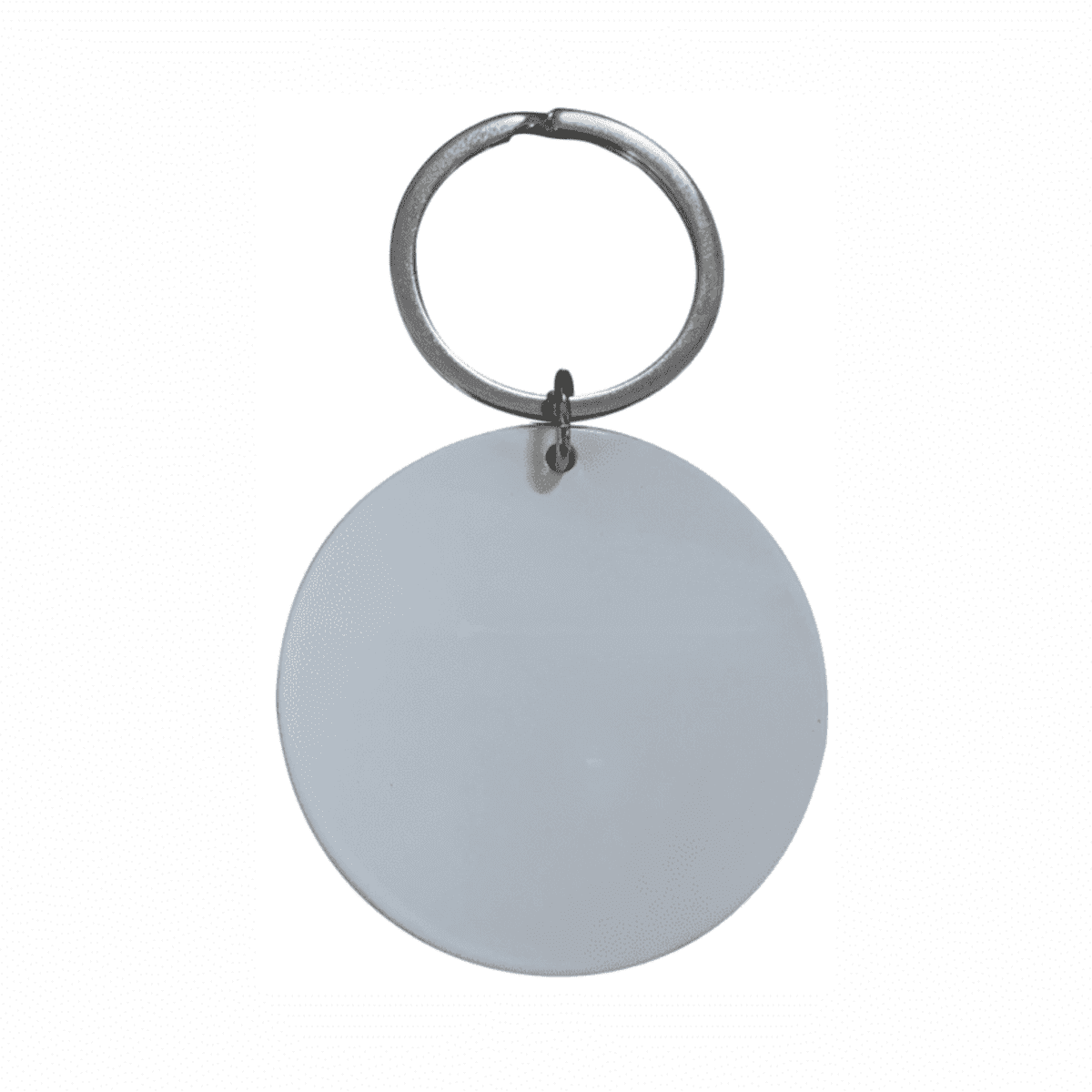 A keyring featuring a large, circular blank tag in silver metal.