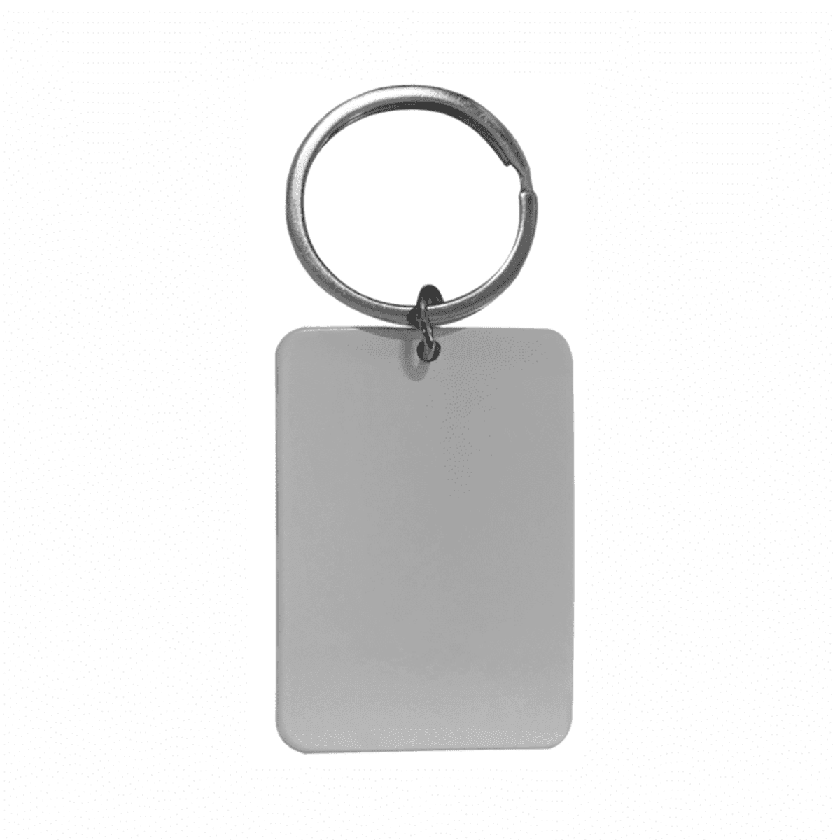 A keyring with a rectangular silver tag attached, featuring a plain surface and a metal loop.