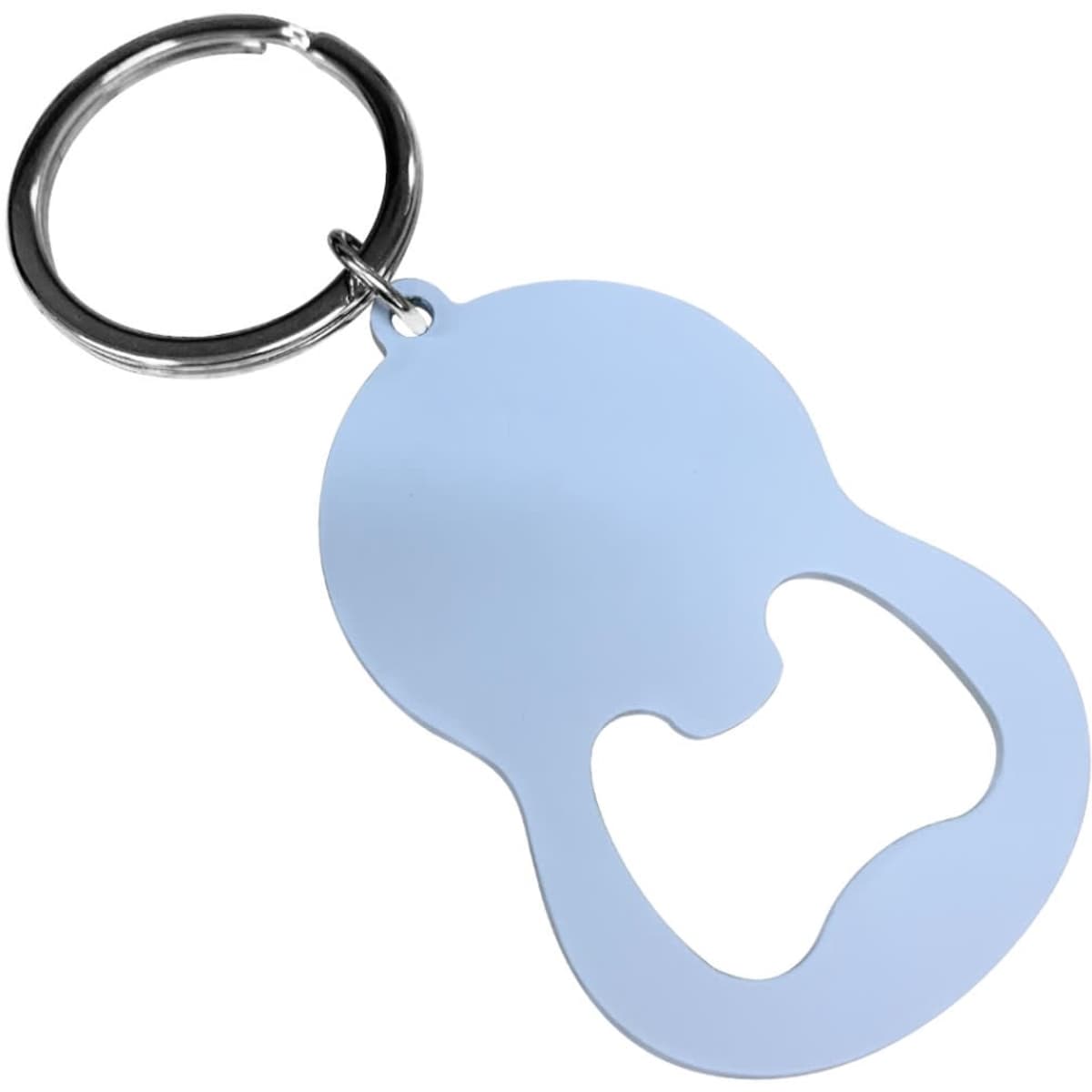 A bottle opener keychain in light blue, featuring a simple design with a circular attachment.