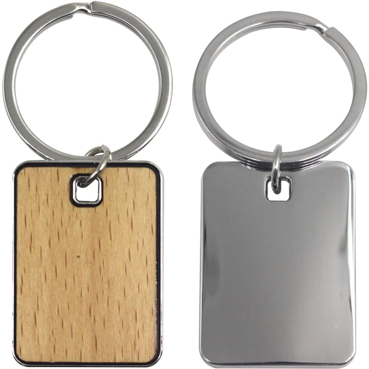 A keyring featuring a rectangular design with one side wooden and the other metallic, attached to a silver ring.