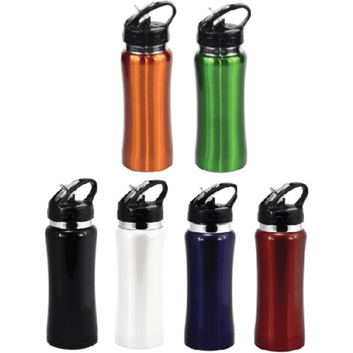 A drink bottle collection featuring black, white, red, orange, green, and blue colours with a black lid and spout.