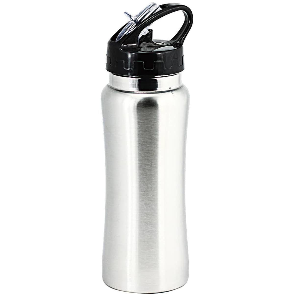 A drink bottle in stainless steel with a black lid and handle, featuring a logo on the body.