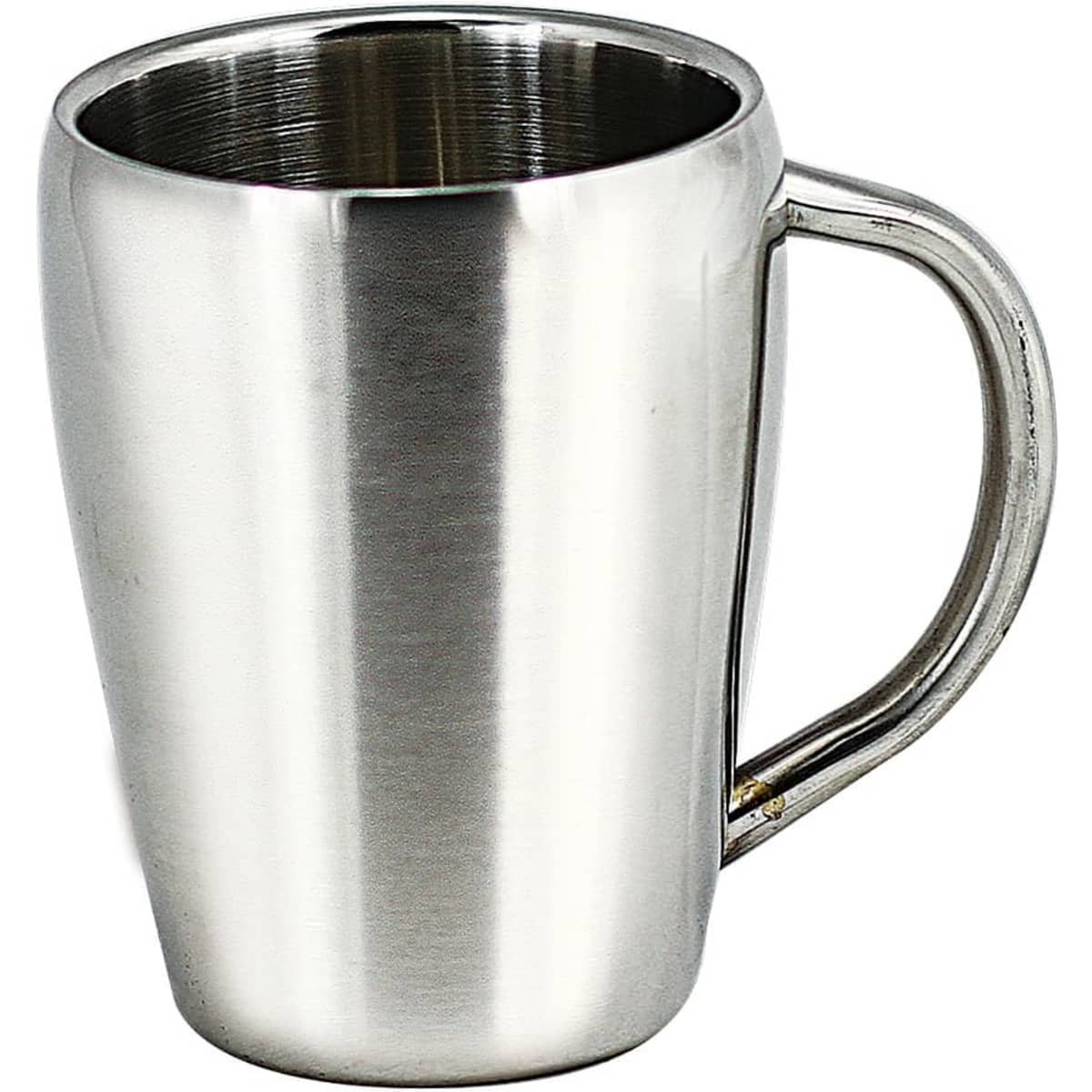 A stainless steel coffee mug with a sleek design and a sturdy handle, featuring a polished finish.
