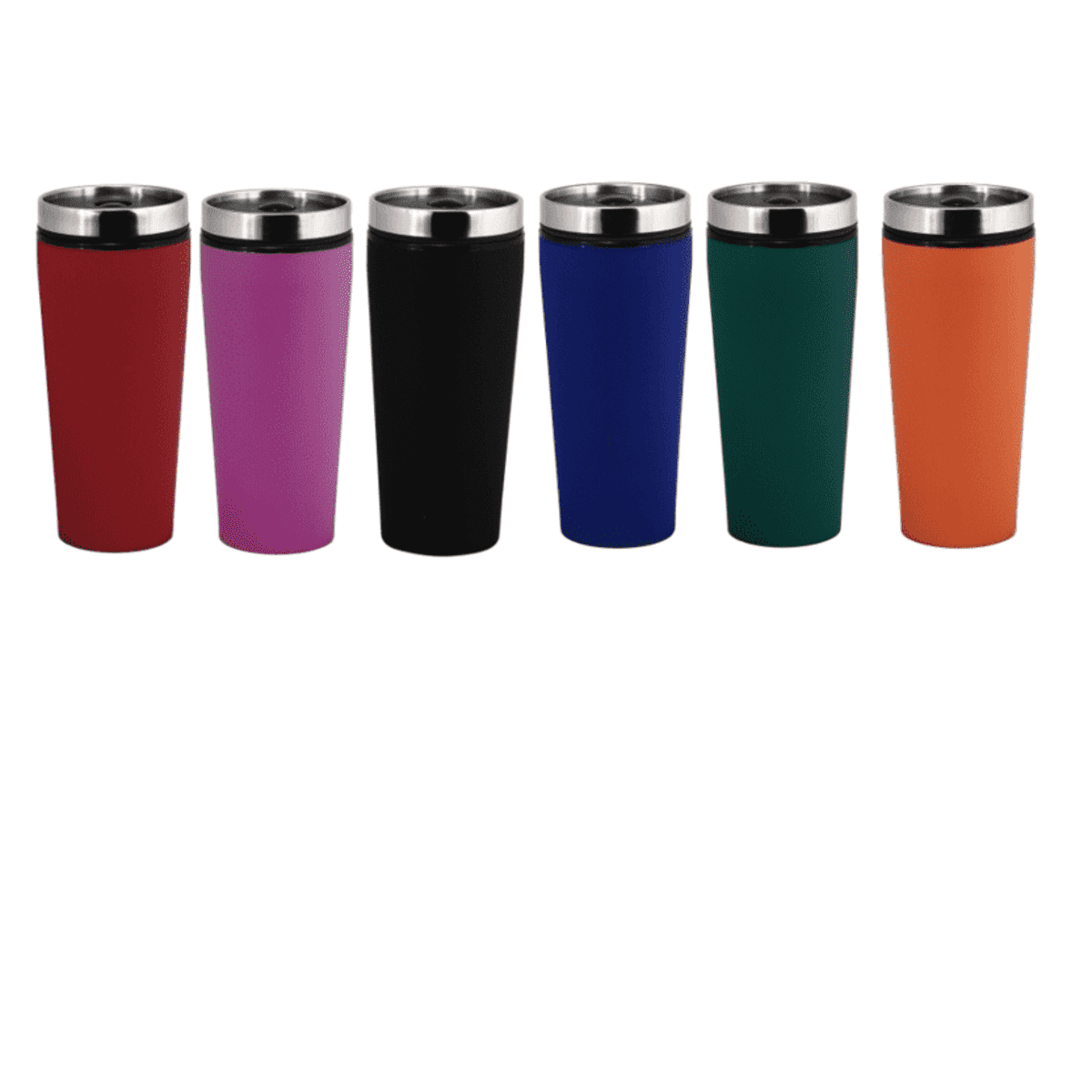 A drink bottle set featuring six travel mugs in red, pink, black, blue, green, and orange with stainless steel accents.