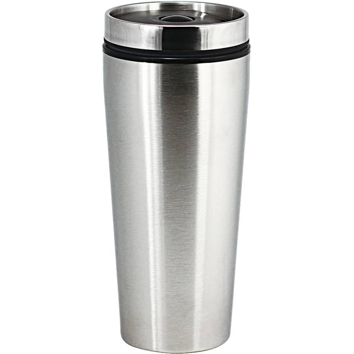 A drink bottle in a sleek stainless steel finish with a black rubber seal and a lid. It features a logo.