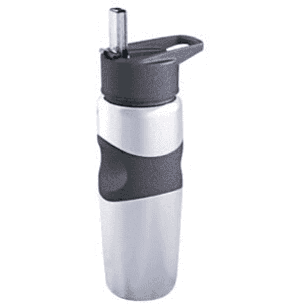 A drink bottle in silver and black featuring a spout and built-in handle, with a logo on the side.