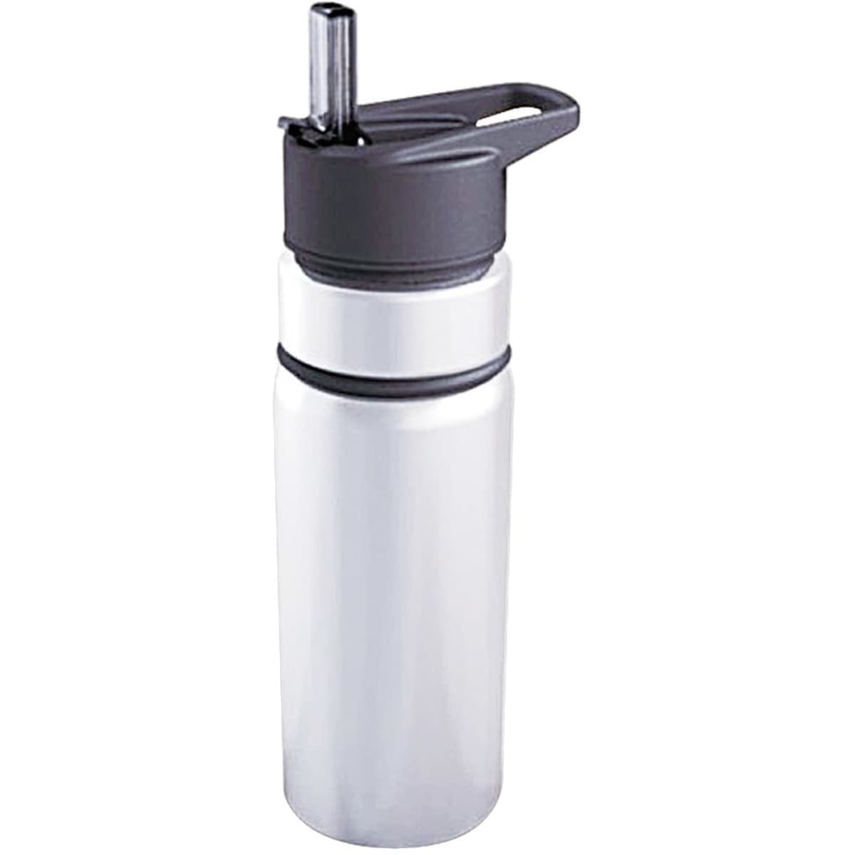 A drink bottle in silver and black with a straw and a handle, featuring a sleek, modern design.