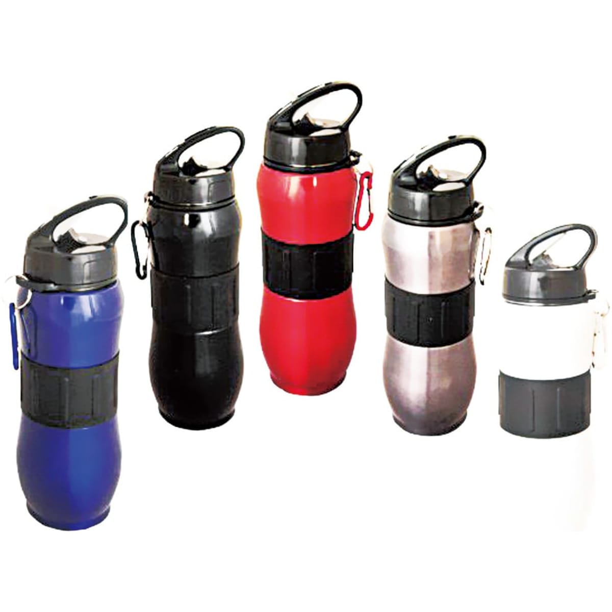 A drink bottle collection in blue, black, red, silver, and white, featuring a carabiner and a branded logo.