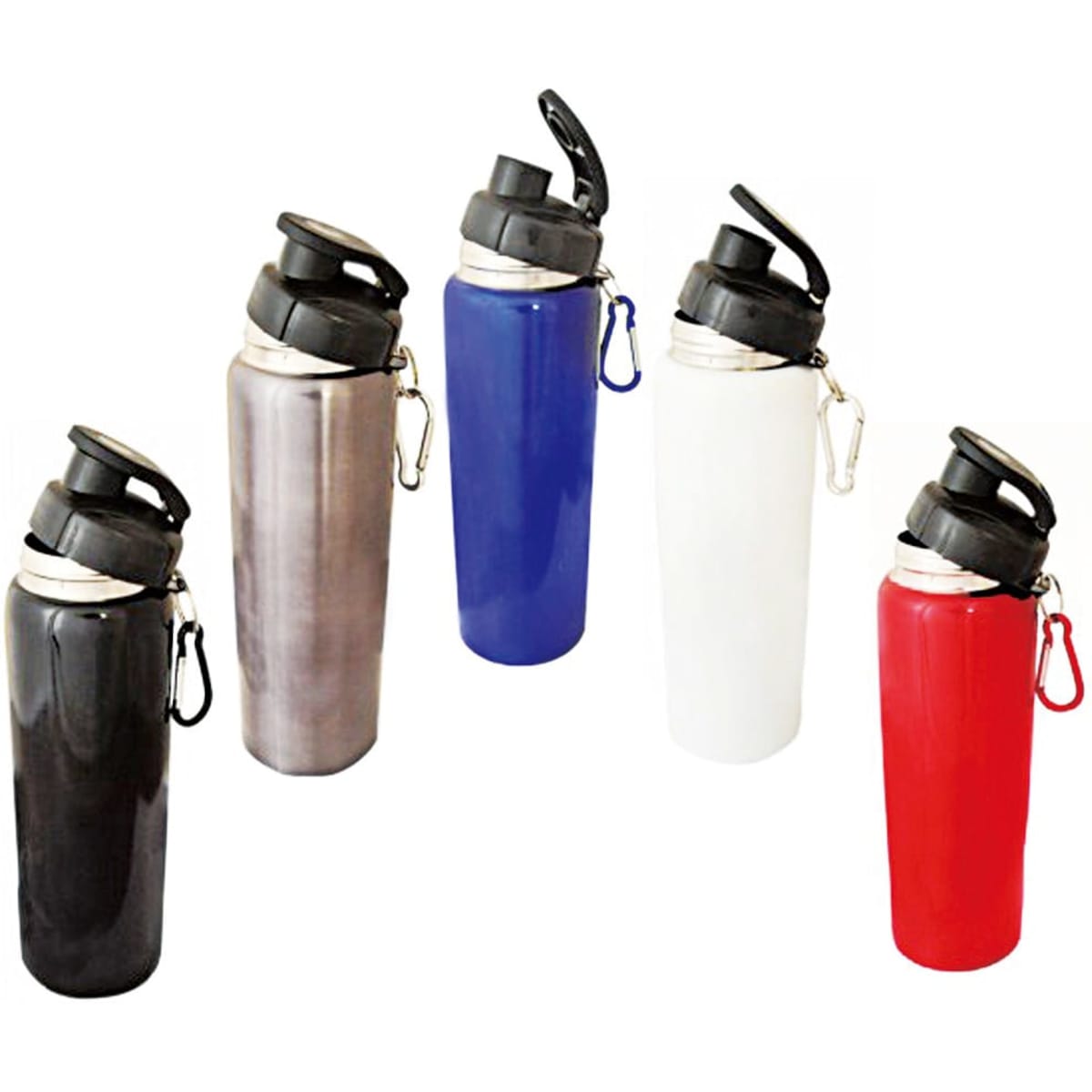 A drink bottle featured in black, silver, blue, white, and red, each with a black lid and a carabiner attachment.