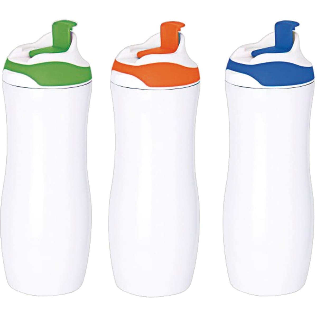 A drink bottle set featuring three bottles with white bodies and coloured lids in green, orange, and blue. Each has a logo.