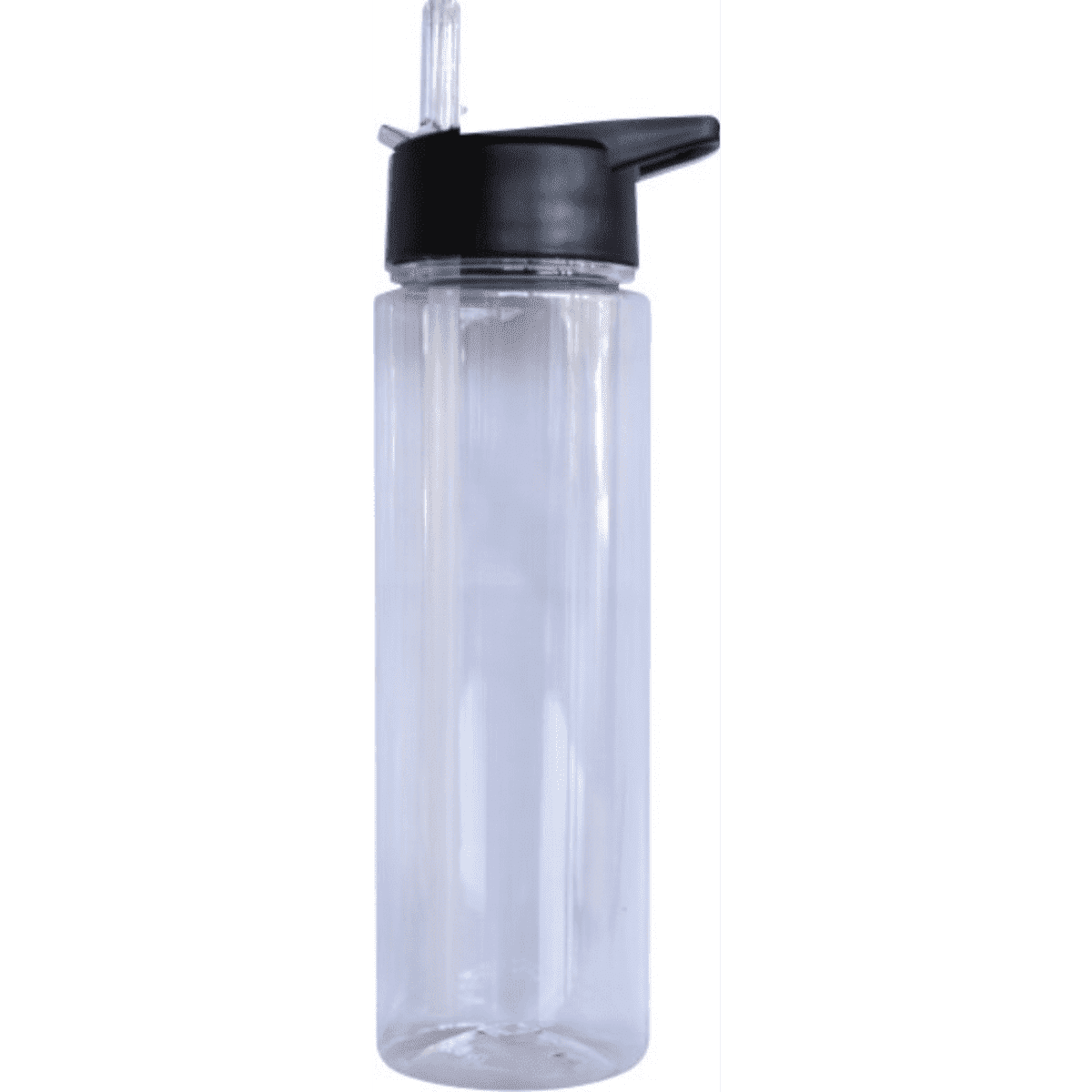 A drink bottle made of clear plastic with a black lid and straw. It features a simple design and minimal branding.
