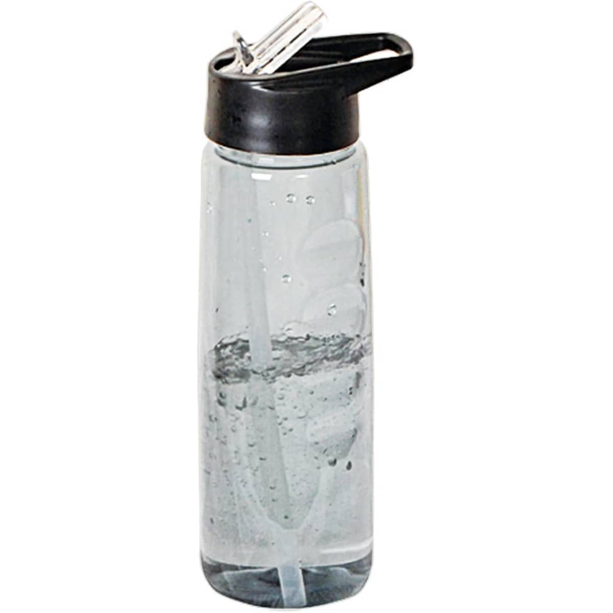 A drink bottle with a clear body and a black cap, featuring a built-in straw.