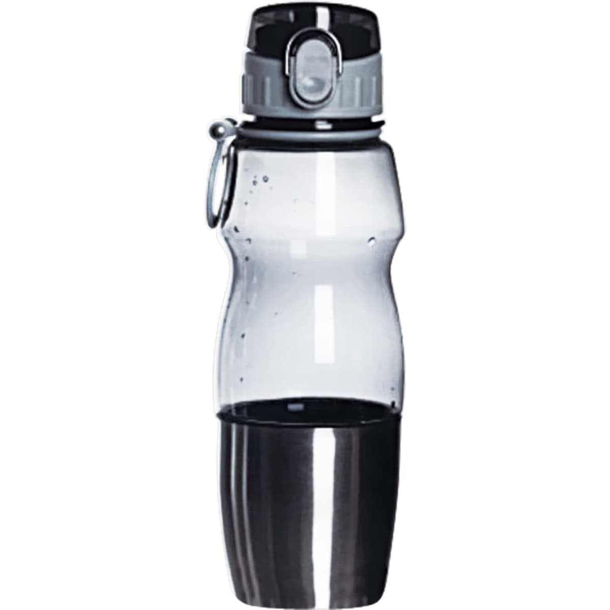 A drink bottle featuring a clear body, grey lid, and a sleek stainless steel base with a carabiner attachment.