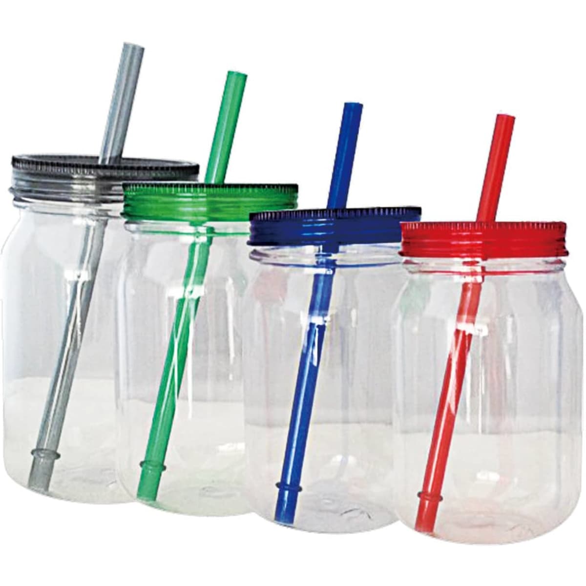 A drink bottle set featuring clear jars with colour-coded lids and straws in silver, green, blue, and red.