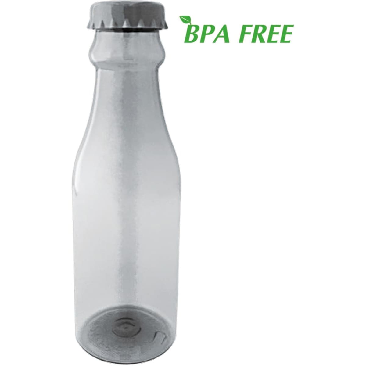 A drink bottle in a translucent greyish shade with a grey lid, featuring a logo. BPA free label visible.