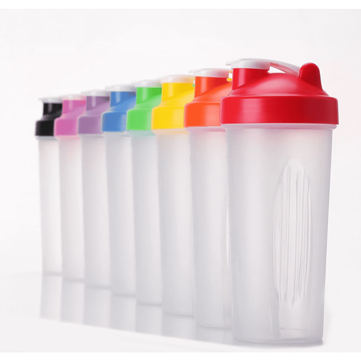 A drink bottle in various colours, featuring a flip-top lid and a visible mixing ball inside. It has a logo on the side.