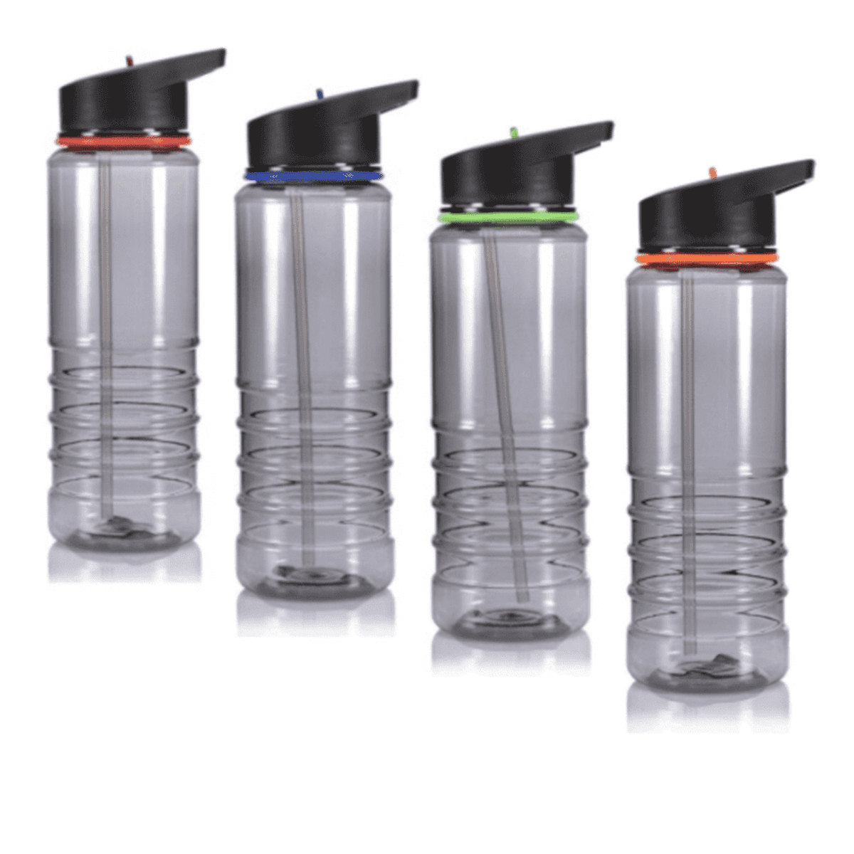 A drink bottle set featuring four clear bottles with black lids and coloured accents: red, blue, green, and orange.