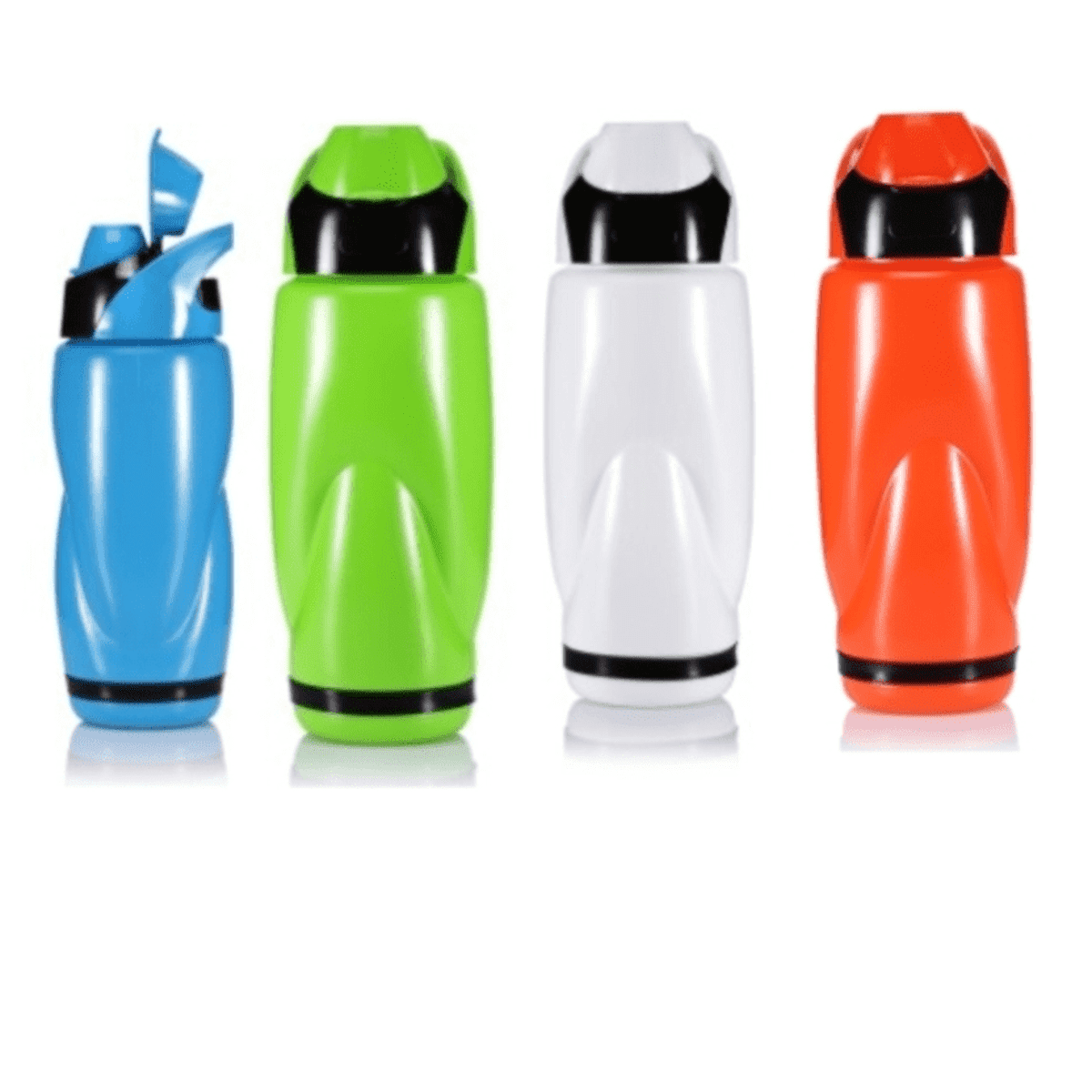 A drink bottle collection featuring blue, green, white, and orange designs, each with a black accent and logo.