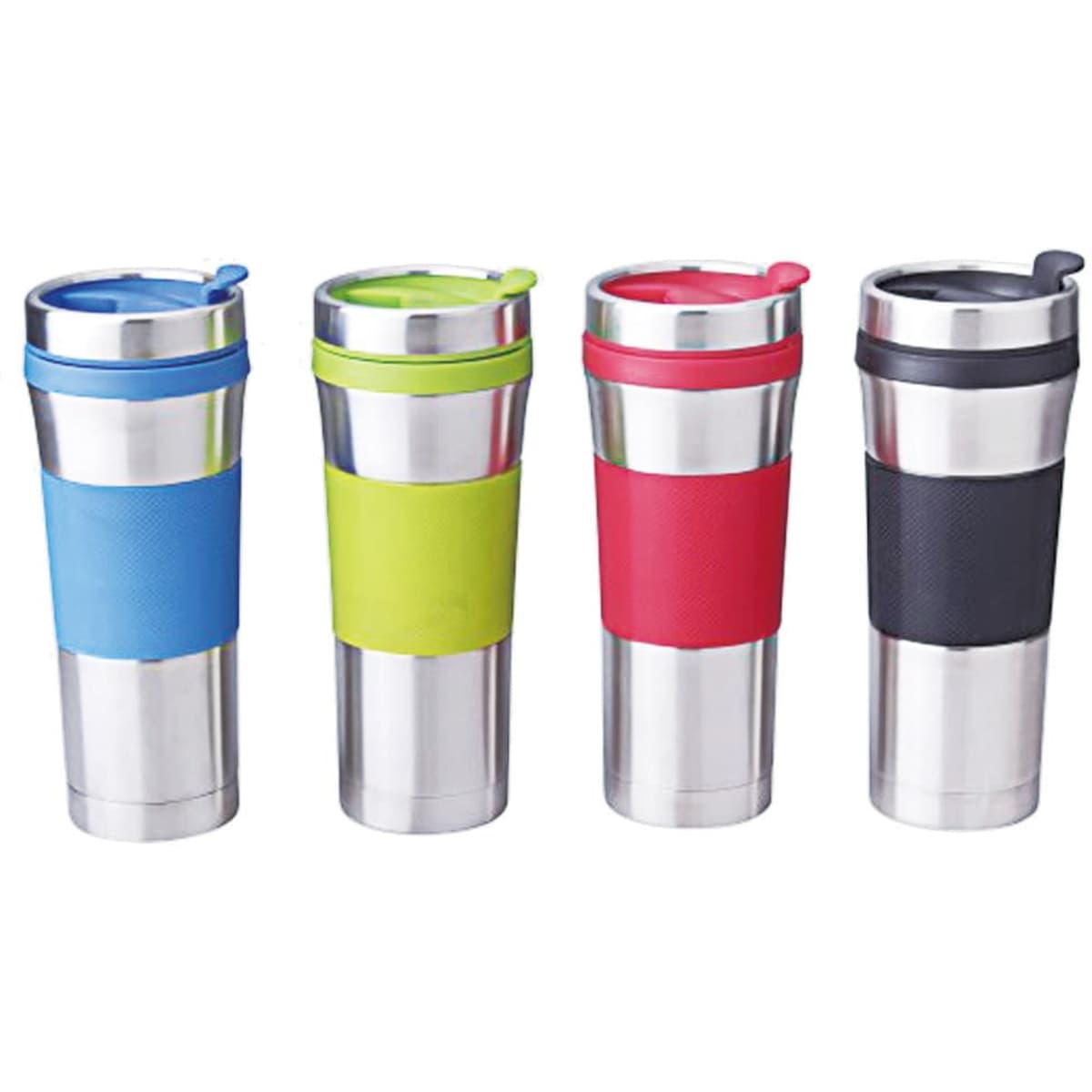 A drink bottle set featuring four stainless steel tumblers in blue, green, red, and black with rubber grips.