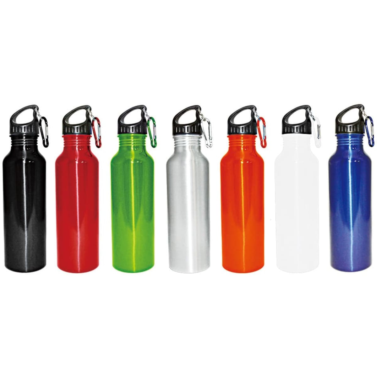 A drink bottle collection featuring black, red, green, silver, orange, white, and blue colours, each with a carabiner.