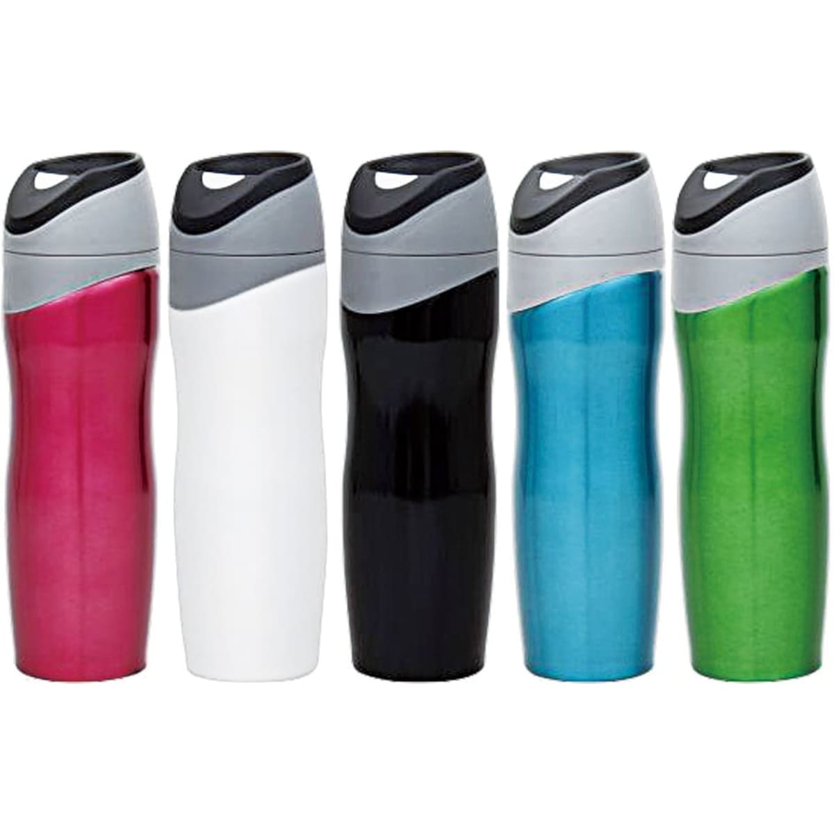 A drink bottle in pink, white, black, blue, and green, featuring a grey lid and a logo.